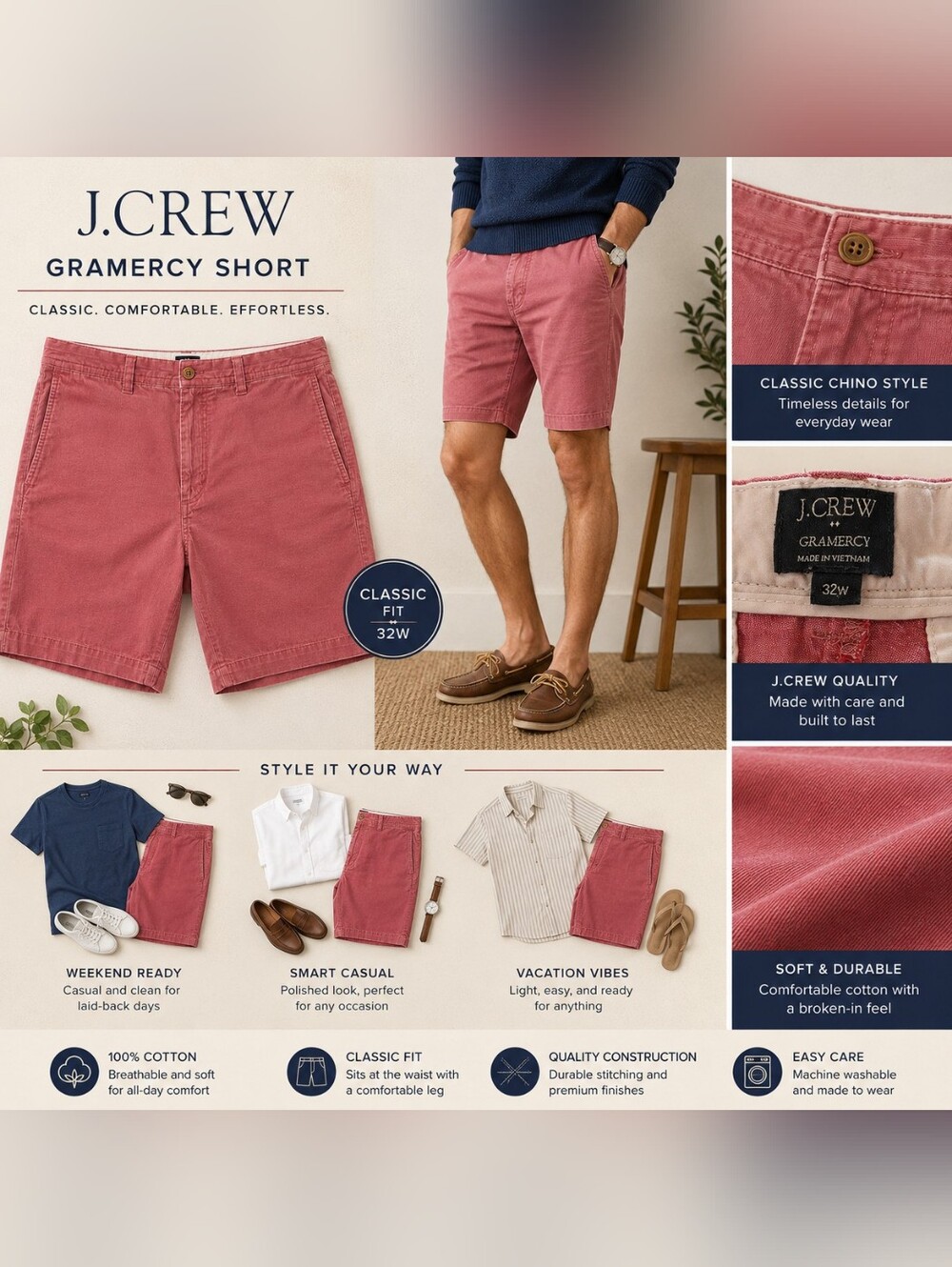 J.Crew Gramercy Pink Chino Shorts Men's Size 32 Classic Fit Cotton
